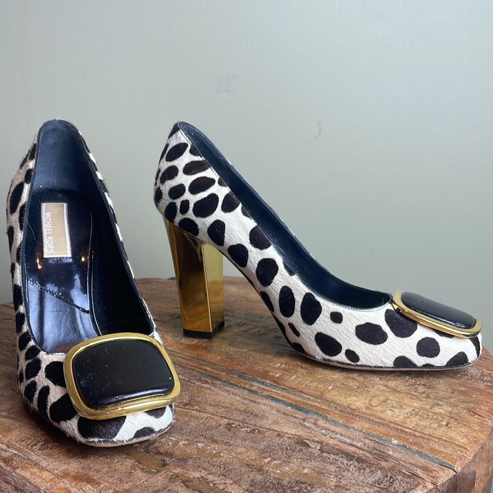 Michael Kors Brown Beige Pony Hair Shoes with Gold Block Heels Size 7M